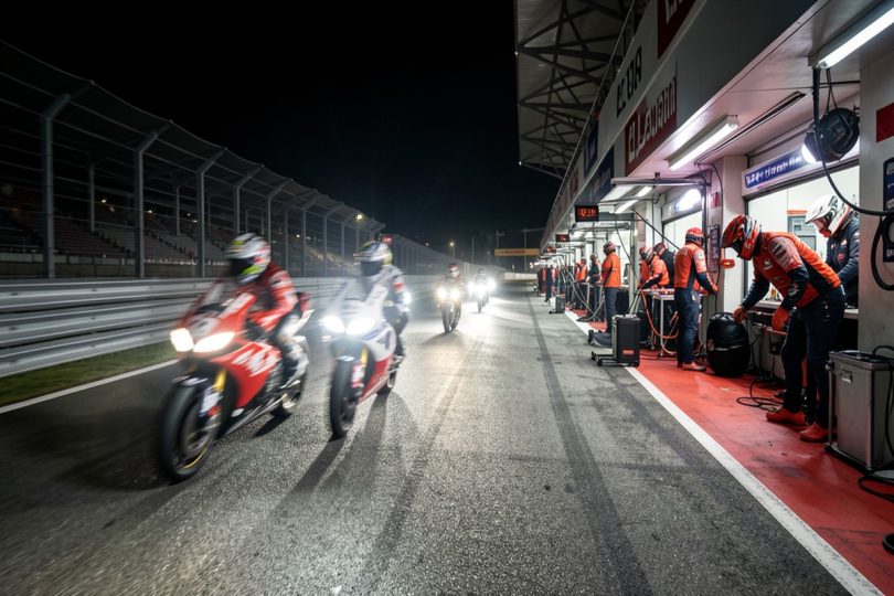Motos de course d'endurance de nuit sur le circuit du Mans avec mécaniciens dans les stands illuminés