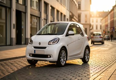 Citadine électrique blanche garée dans une rue de ville moderne au coucher du soleil