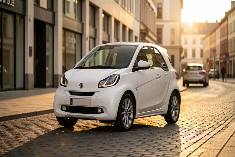 Citadine électrique blanche garée dans une rue de ville moderne au coucher du soleil