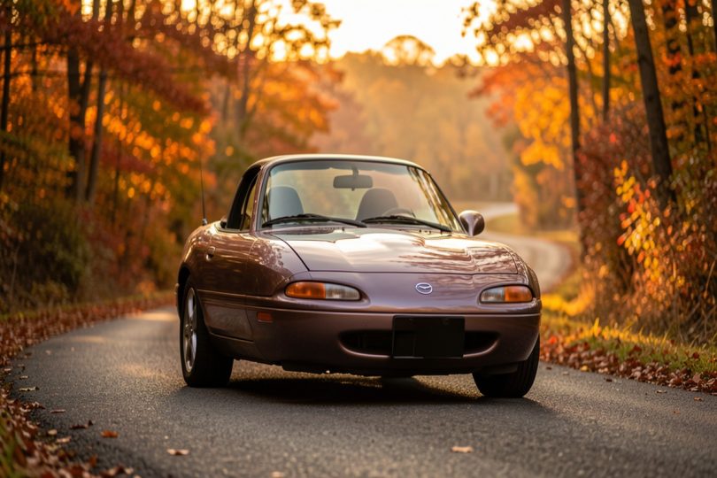 Mazda MX-5 NA classique sur une route de campagne au coucher du soleil, illustration pour guide collection automobile débutant