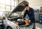 Mécanicien vérifiant le moteur d'une voiture dans un garage baigné de lumière naturelle, entretien estival