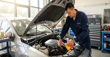 Mécanicien vérifiant le moteur d'une voiture dans un garage baigné de lumière naturelle, entretien estival