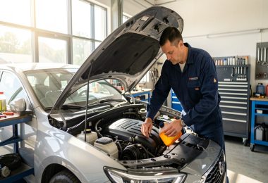 Mécanicien vérifiant le moteur d'une voiture dans un garage baigné de lumière naturelle, entretien estival