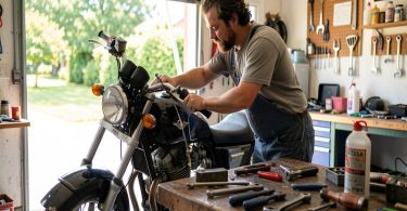 Mécanicien amateur faisant la vidange d une moto dans un garage, outils sur l établi