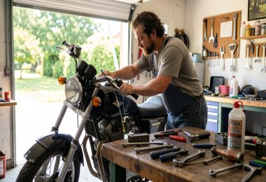 Mécanicien amateur faisant la vidange d une moto dans un garage, outils sur l établi