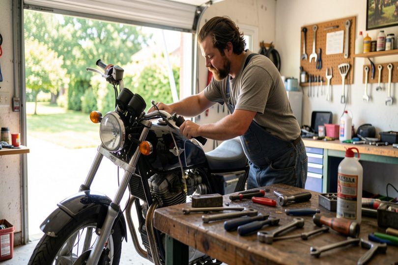 Mécanicien amateur faisant la vidange d une moto dans un garage, outils sur l établi