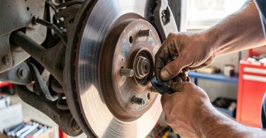 Gros plan sur un disque et étrier de frein avec contrôle de l'épaisseur des plaquettes dans un garage