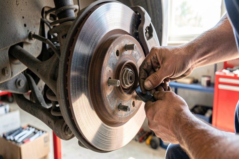 Gros plan sur un disque et étrier de frein avec contrôle de l'épaisseur des plaquettes dans un garage