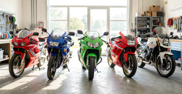 Cinq motos de collection des années 80-90 alignées dans un garage ensoleillé : Honda VFR, Yamaha Ténéré, Kawasaki ZXR, Ducati 916 et BMW GS