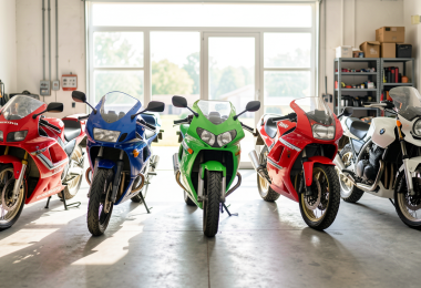Cinq motos de collection des années 80-90 alignées dans un garage ensoleillé : Honda VFR, Yamaha Ténéré, Kawasaki ZXR, Ducati 916 et BMW GS