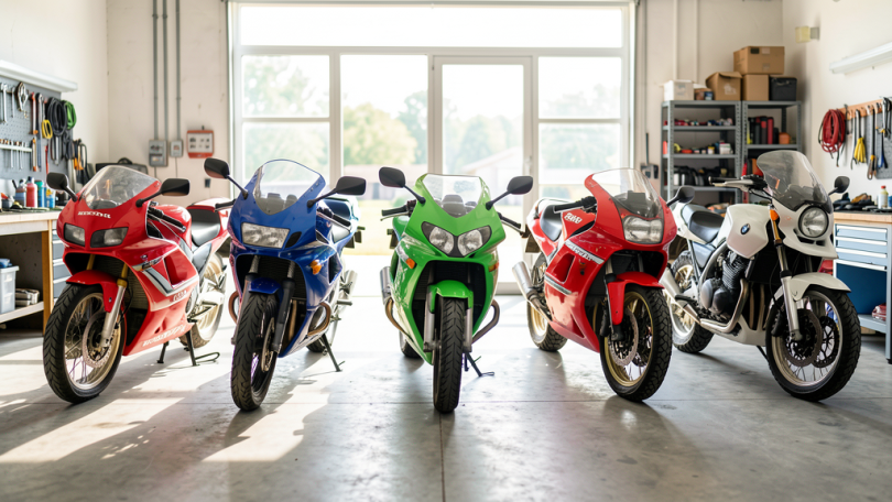 Cinq motos de collection des années 80-90 alignées dans un garage ensoleillé : Honda VFR, Yamaha Ténéré, Kawasaki ZXR, Ducati 916 et BMW GS