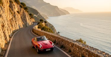 Voiture de collection rouge sur une route de montagne corse au coucher du soleil
