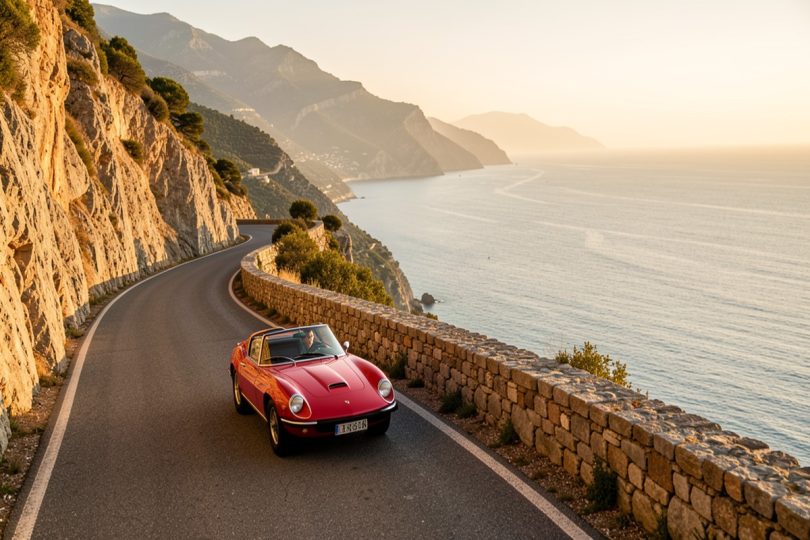 Voiture de collection rouge sur une route de montagne corse au coucher du soleil