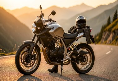 Motard vérifiant sa chaîne et ses pneus au bord d une route de montagne avant un road trip estival