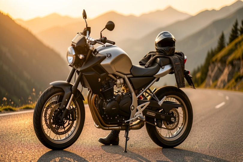 Motard vérifiant sa chaîne et ses pneus au bord d une route de montagne avant un road trip estival