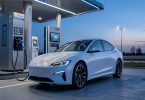 Voiture a hydrogene futuriste faisant le plein dans une station de recharge moderne au crepuscule