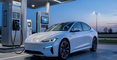 Voiture a hydrogene futuriste faisant le plein dans une station de recharge moderne au crepuscule