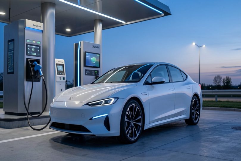 Voiture a hydrogene futuriste faisant le plein dans une station de recharge moderne au crepuscule