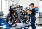 Mécanicien contrôlant une moto dans un centre de contrôle technique agréé