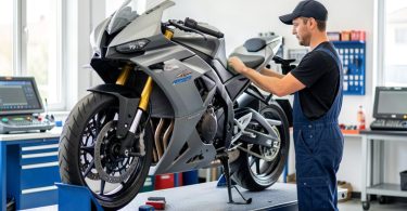 Mécanicien contrôlant une moto dans un centre de contrôle technique agréé