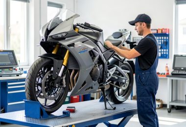 Mécanicien contrôlant une moto dans un centre de contrôle technique agréé