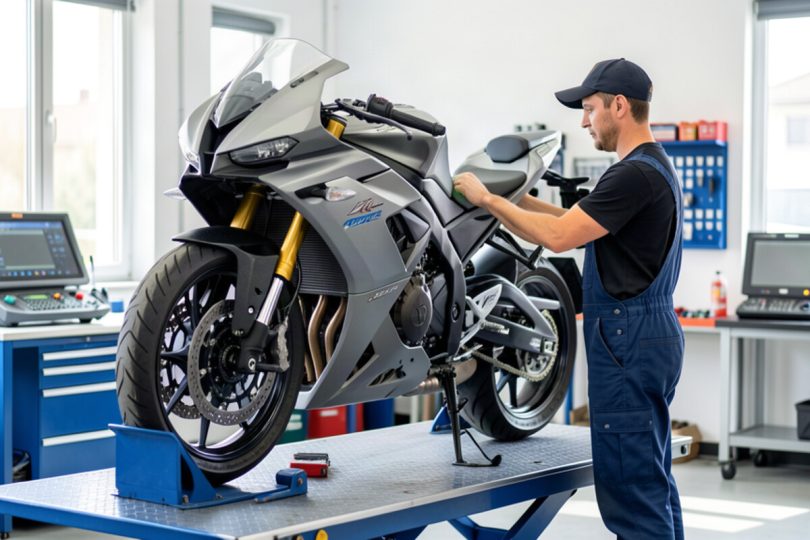 Mécanicien contrôlant une moto dans un centre de contrôle technique agréé