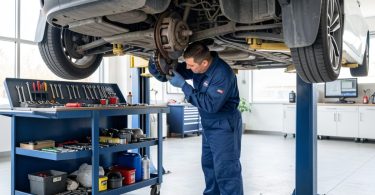 Mécanicien travaillant sous un véhicule levé dans un garage moderne avec outils professionnels