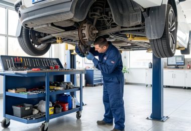 Mécanicien travaillant sous un véhicule levé dans un garage moderne avec outils professionnels