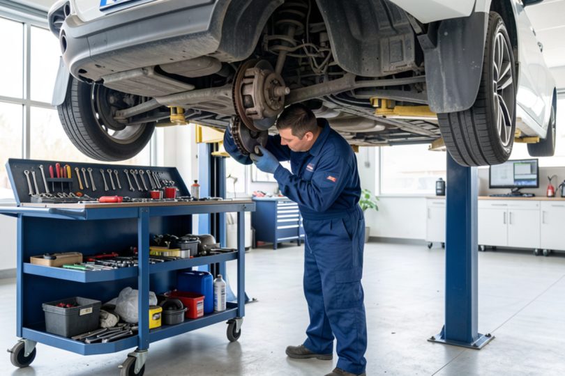 Mécanicien travaillant sous un véhicule levé dans un garage moderne avec outils professionnels