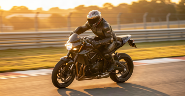 Motard en combinaison de course penche dans un virage sur circuit