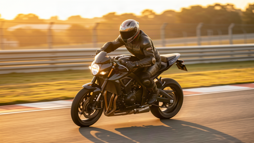 Motard en combinaison de course penche dans un virage sur circuit