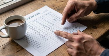 Main posant le doigt sur une fiche technique automobile détaillée avec café sur un bureau en bois