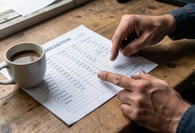 Main posant le doigt sur une fiche technique automobile détaillée avec café sur un bureau en bois