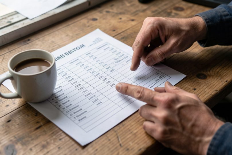 Main posant le doigt sur une fiche technique automobile détaillée avec café sur un bureau en bois