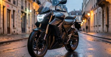 Moto moderne garée dans une rue française au crépuscule