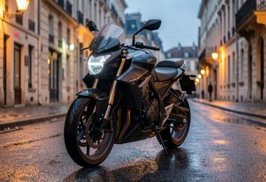 Moto moderne garée dans une rue française au crépuscule