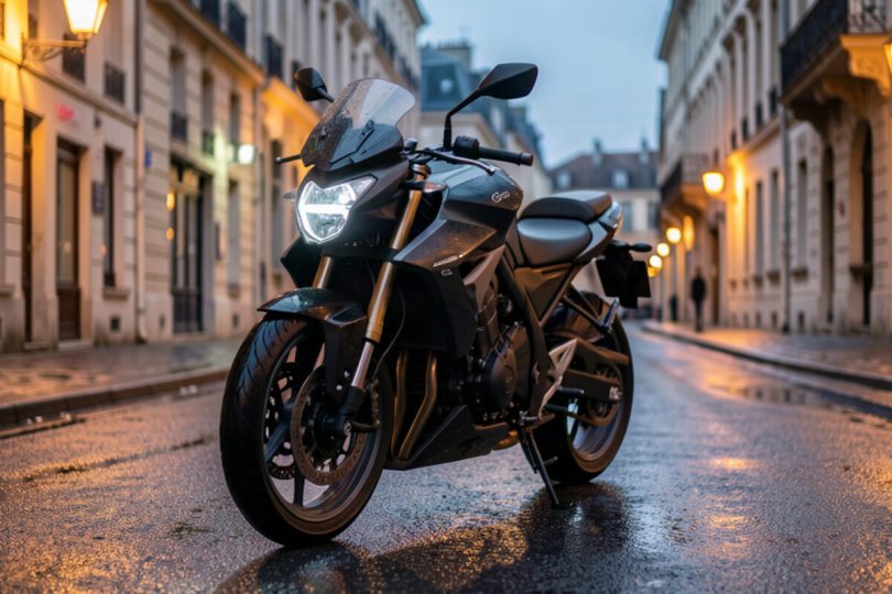 Moto moderne garée dans une rue française au crépuscule