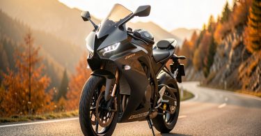 Moto sportive moderne garée sur une route de montagne sinueuse au coucher du soleil