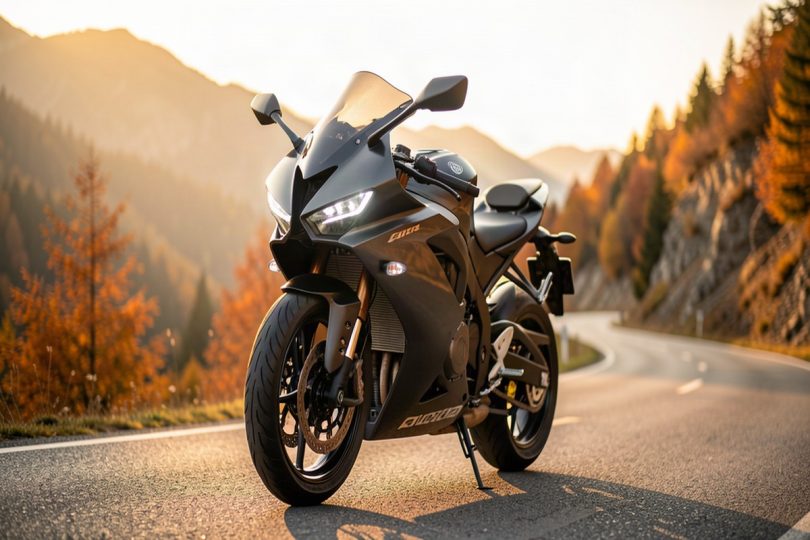 Moto sportive moderne garée sur une route de montagne sinueuse au coucher du soleil