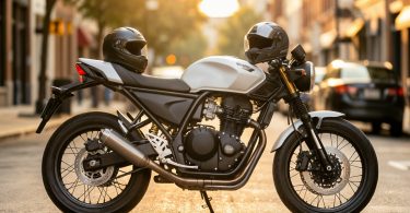 Moto roadster légère garée dans une rue calme, casque posé sur la selle, idéale pour un premier permis