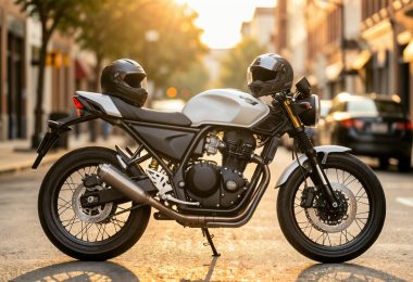 Moto roadster légère garée dans une rue calme, casque posé sur la selle, idéale pour un premier permis