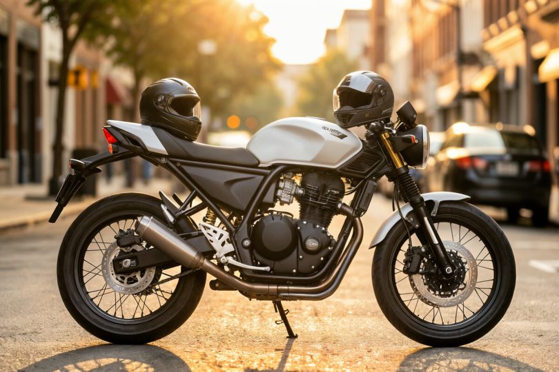 Moto roadster légère garée dans une rue calme, casque posé sur la selle, idéale pour un premier permis