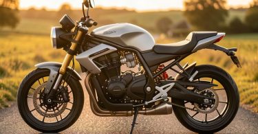Moto roadster garée au bord d'une route de campagne au coucher du soleil
