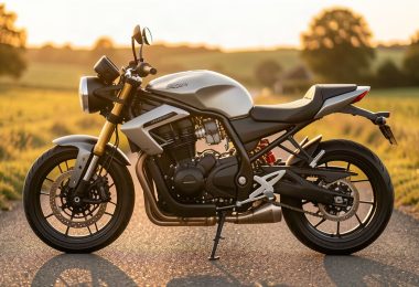 Moto roadster garée au bord d'une route de campagne au coucher du soleil