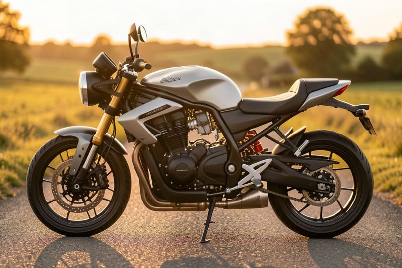 Moto roadster garée au bord d'une route de campagne au coucher du soleil