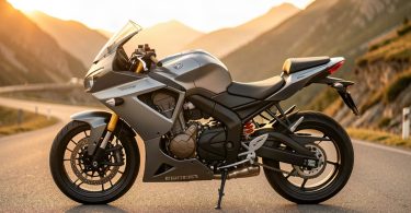 Moto de tourisme équipée d'une transmission automatique sur une route de montagne au coucher du soleil