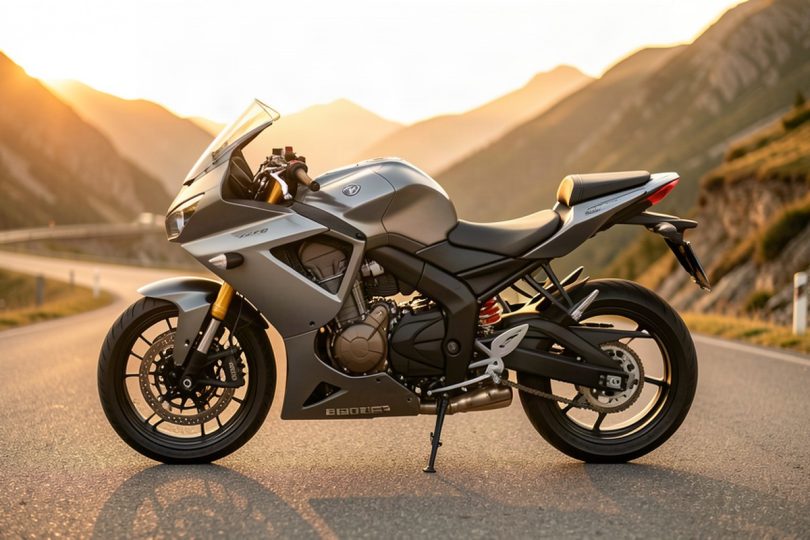 Moto de tourisme équipée d'une transmission automatique sur une route de montagne au coucher du soleil