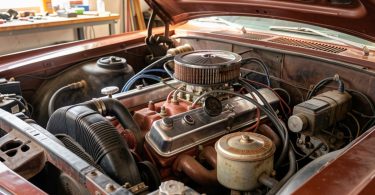Moteur de voiture de collection en cours de restauration dans un garage