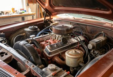 Moteur de voiture de collection en cours de restauration dans un garage