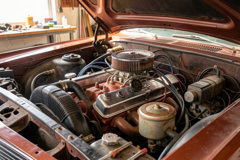 Moteur de voiture de collection en cours de restauration dans un garage